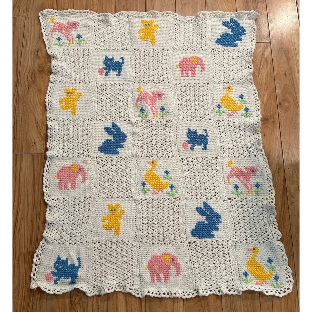 Vintage Hand Crochet Baby Blanket‎ Animal Patchwork White Pink Blue Yellow 42x32